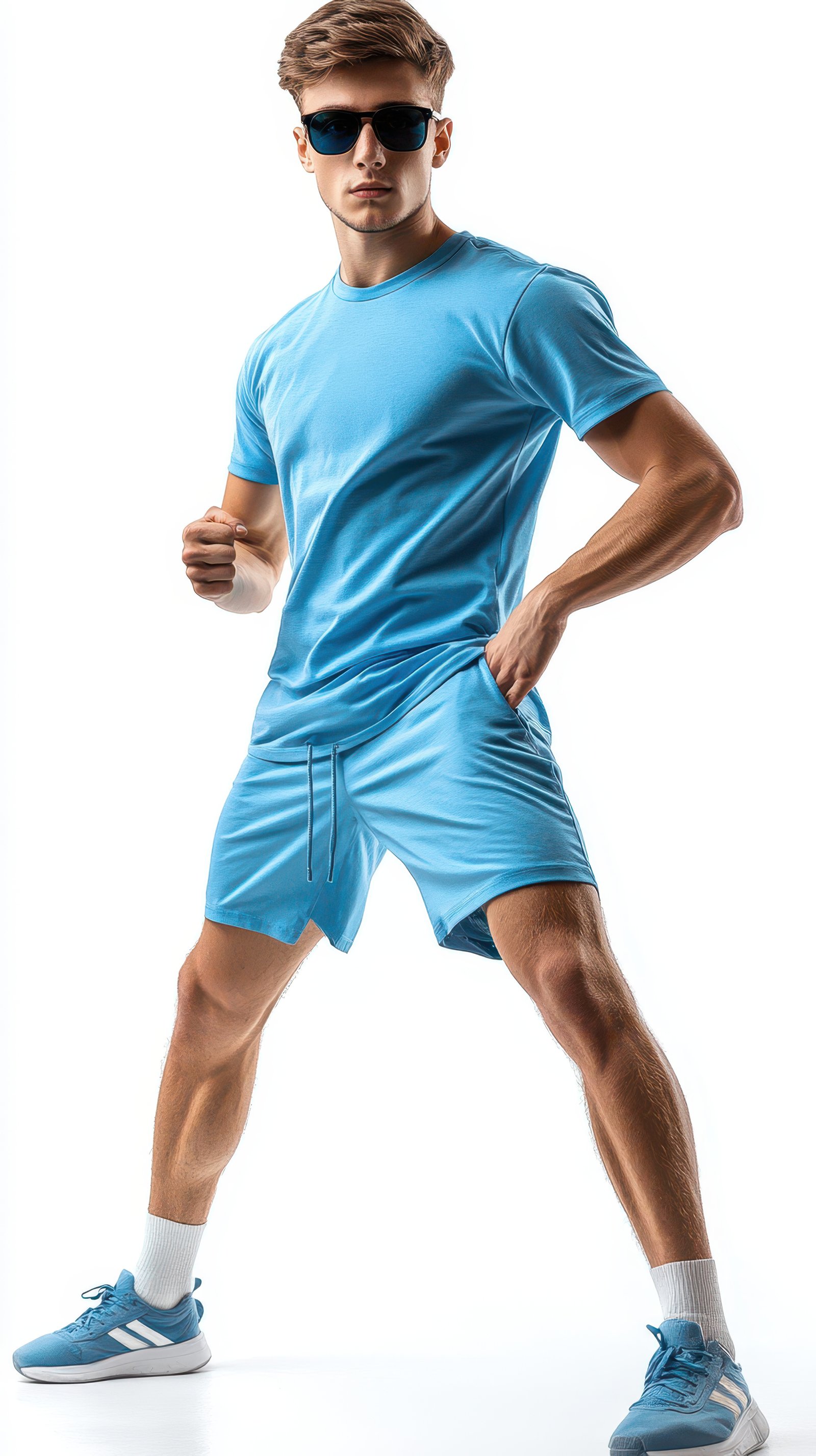 Young man in sporty attire poses confidently in bright blue clothing against a white background